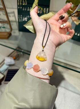 天然玛瑙玉髓佛公吊坠项链女款玉石挂件弥勒佛925银毛衣链送女友