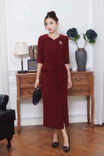 高定西装面料喜婆婆喜妈妈婚宴礼服长裙遮肉显瘦开衩小个子通勤款