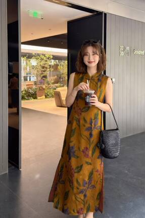 俏佳人高定轻奢重磅真丝香云纱改良旗袍气质礼服裙婚礼主持聚会