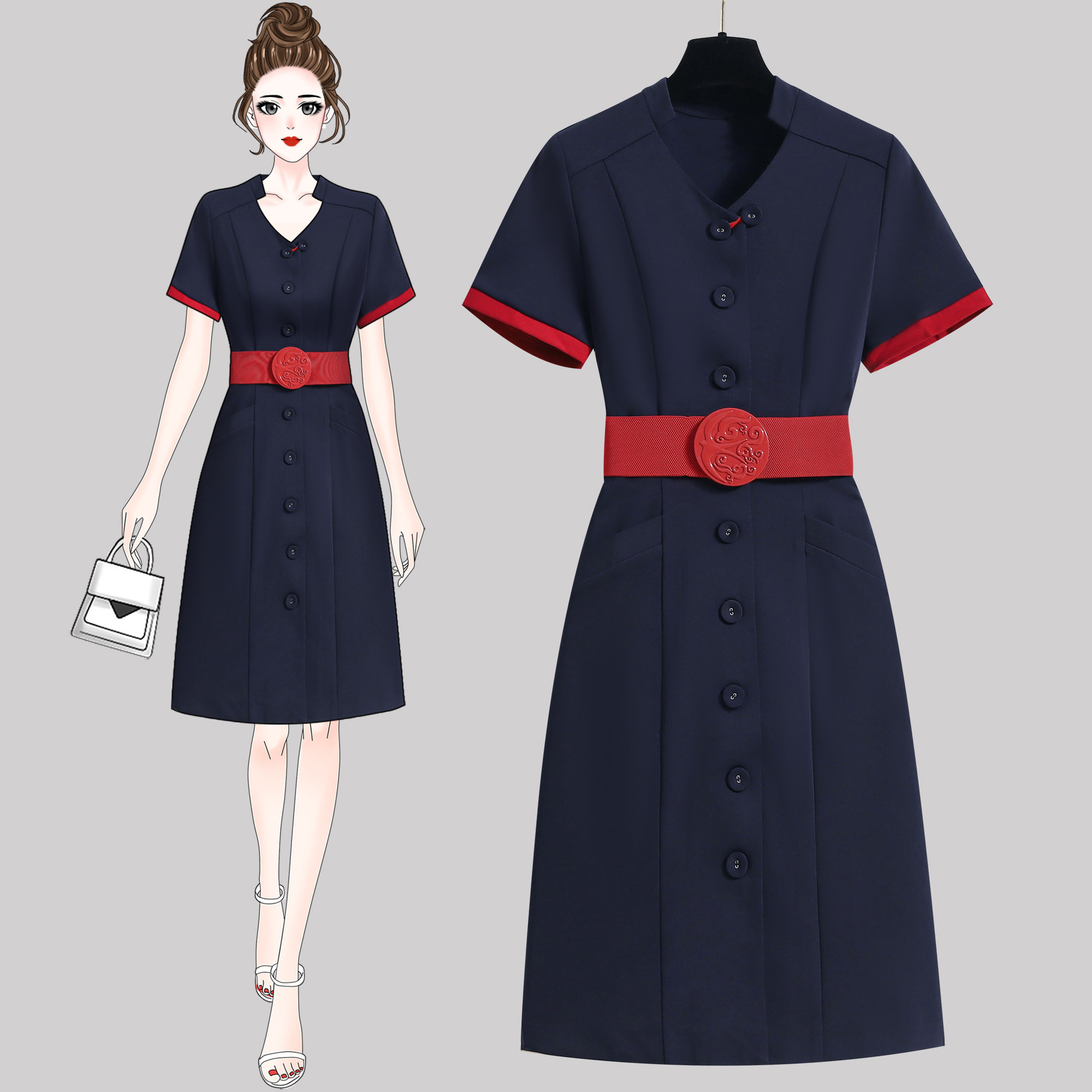 高端职业连衣裙女夏装气质女神范酒店前台工装美容师珠宝店工作服