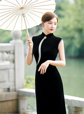 紫色短袖丝绒中国风玉兰七分袖墨绿模特迎宾演出礼服改良走秀旗袍