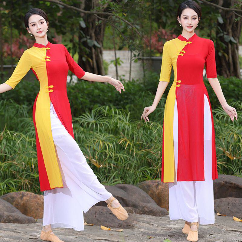 春秋双色古典旗袍广场舞蹈服中国舞撞色东方风情现代舞套装白纱裤