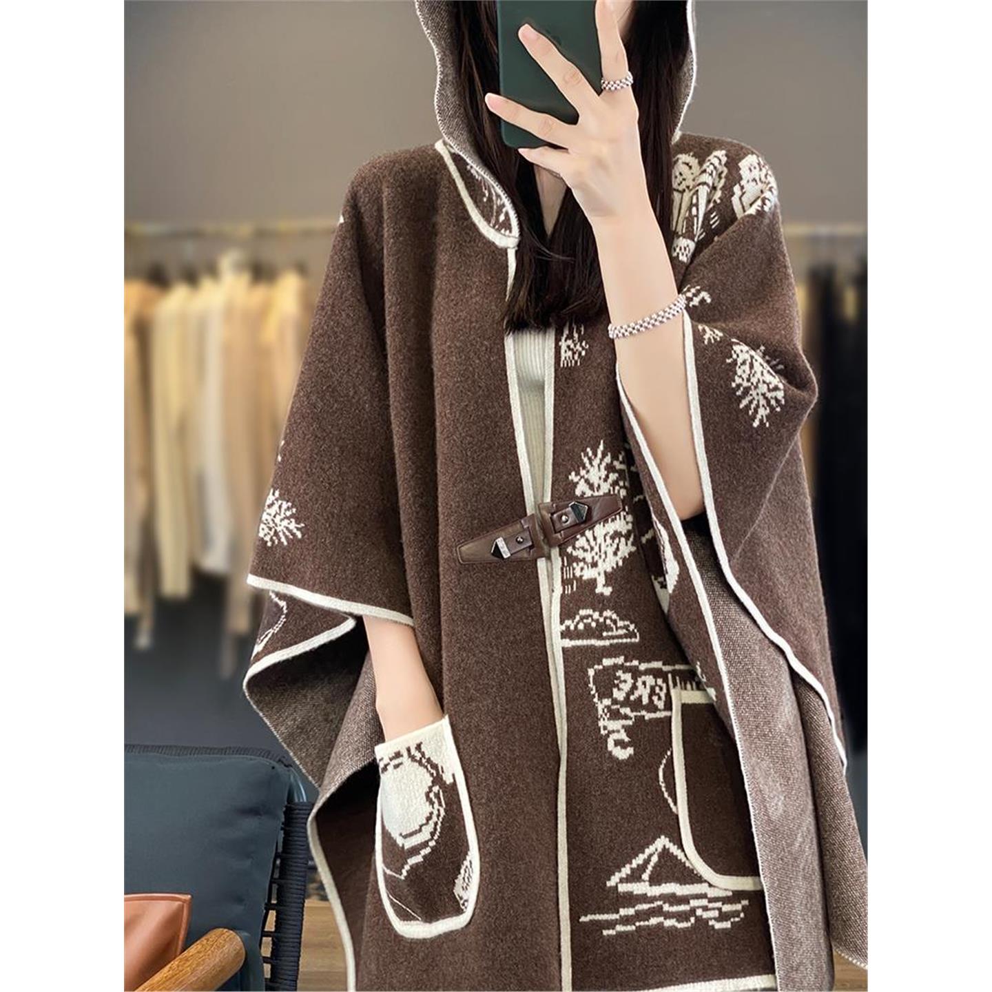 中长款纯羊绒开衫女提花拼色加厚宽松斗篷披肩纯羊毛外套重磅连帽