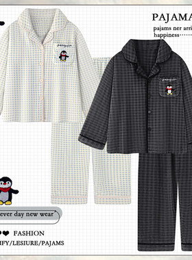 卡通格子珊瑚绒睡衣情侣装一男一女秋冬季加绒加厚款法兰绒家居服