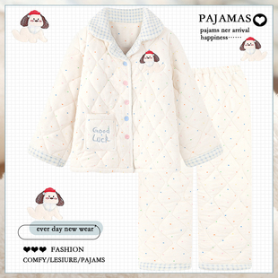 冬天 加绒加厚保暖珊瑚绒家居服套装 卡通波点三层夹棉睡衣女款 冬季