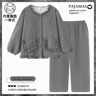 冬 加厚保暖薄绒家居服套装 日系ins风甜美蚕丝羊绒睡衣女款 秋冬季