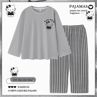 套装 德绒长袖 冬天薄绒保暖学生家居服 秋冬季 可爱卡通格子睡衣女款