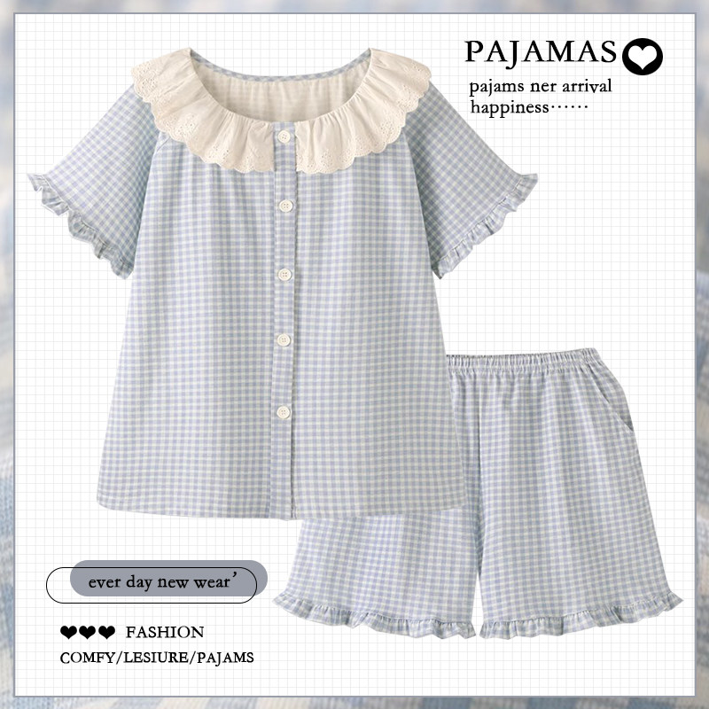 甜美格子睡衣女款夏季2025新款纯棉短袖短裤薄款可外穿家居服套装,女士内衣/男士内衣/家居服,睡衣/家居服套装,淘宝优惠券,粉丝福利购,淘宝优惠卷