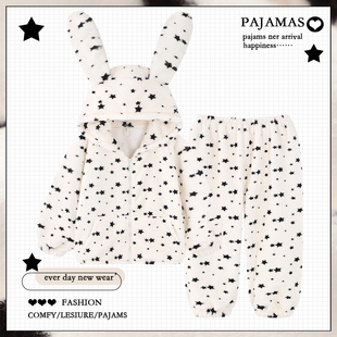 韩版 加厚保暖连帽学生家居服可外穿冬 ins网红珊瑚绒睡衣女秋冬季