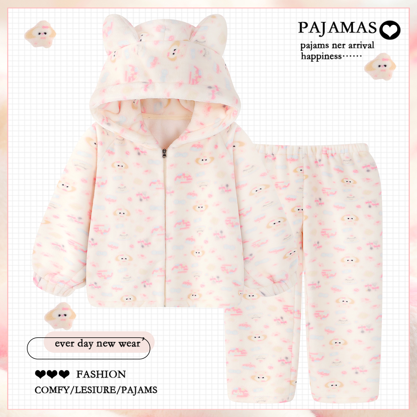 卡通黄油饼饼睡衣女款秋冬季珊瑚绒加厚保暖可爱法兰绒家居服冬天