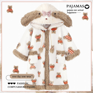 2025新款 加绒加厚保暖睡衣连帽家居服冬天 卡通珊瑚绒睡袍女秋冬季