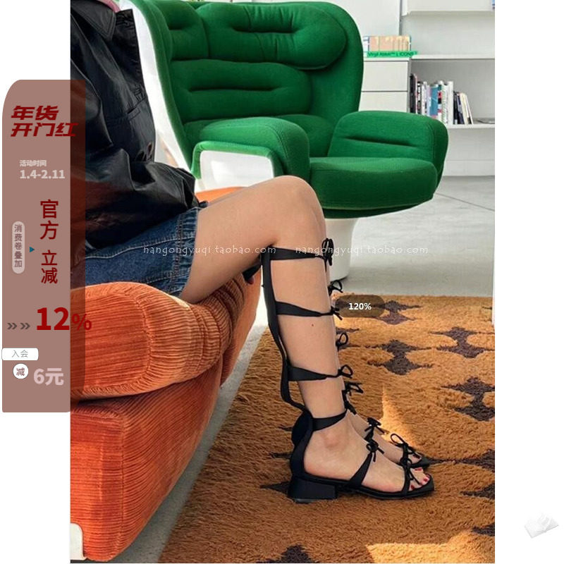现韩国东大门女鞋24夏新款ins法式方头露趾排列蝴蝶结方跟凉靴子,女鞋,罗马凉鞋,淘宝优惠券,粉丝福利购,淘宝优惠卷