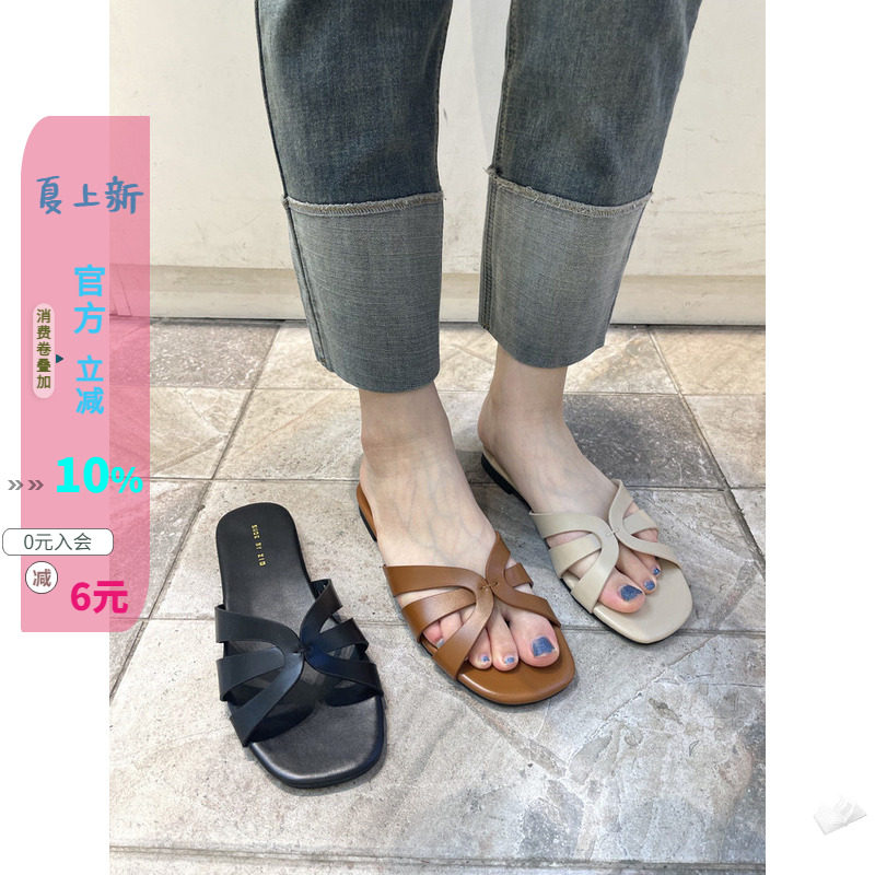 编织镂空露趾纯色平底一字拖