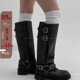 韩国东大门女鞋 2025秋新款 辣妹松弛感宽松大筒皮带扣可调节高筒靴