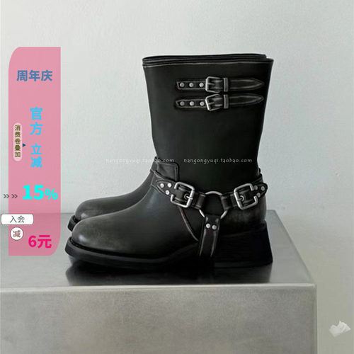 作旧圆头皮带扣低跟短靴骑士靴