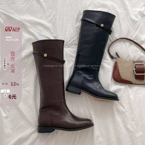 金属皮带扣低跟高筒靴骑士靴