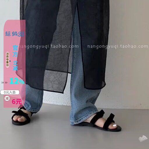 丝绒一字带蝴蝶结平底拖凉拖