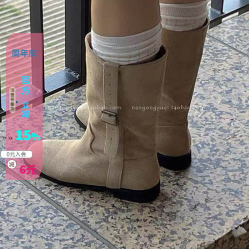 鹿皮绒圆头皮带扣慵懒休闲中筒靴