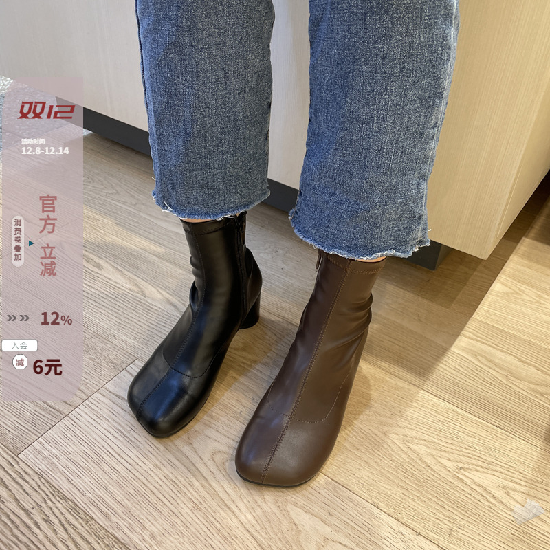 侧拉链圆柱跟瘦瘦弹力短靴