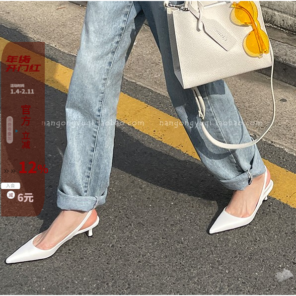 现韩国东大门2022春夏新款ins气质简约银色尖头后空绊带小跟单鞋,女鞋,时装凉鞋,淘宝优惠券,粉丝福利购,淘宝优惠卷