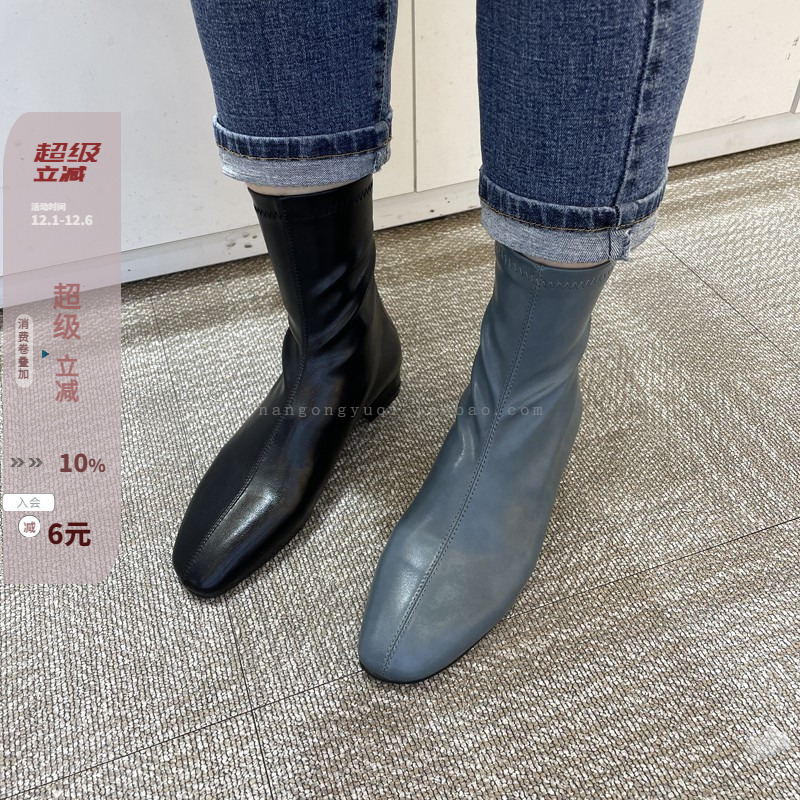 韩国女鞋靴子东大门24年秋冬新款ins扁平头后拉链低跟弹力瘦瘦靴