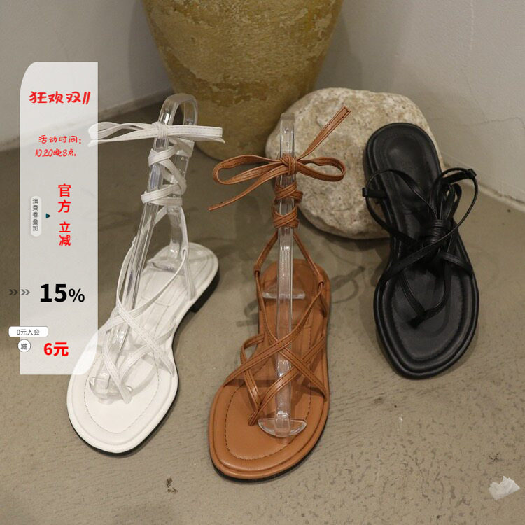 细带绑带罗马平底凉鞋