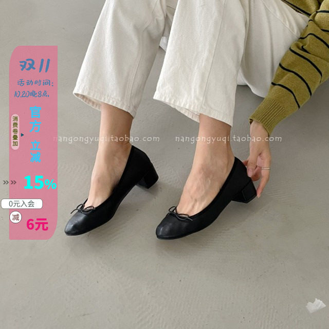 圆头蝴蝶结低帮方跟玛丽珍单鞋