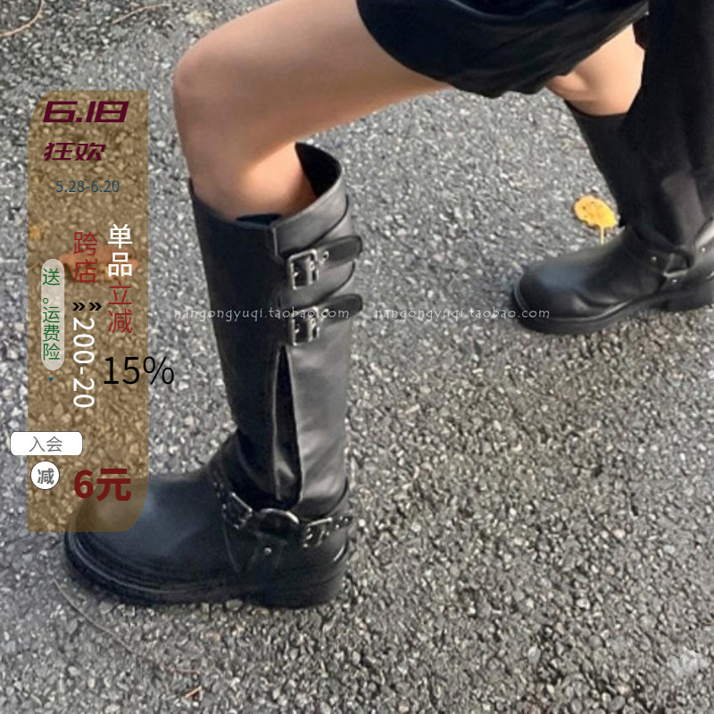 休闲皮带扣宽筒靴高筒靴黑靴女