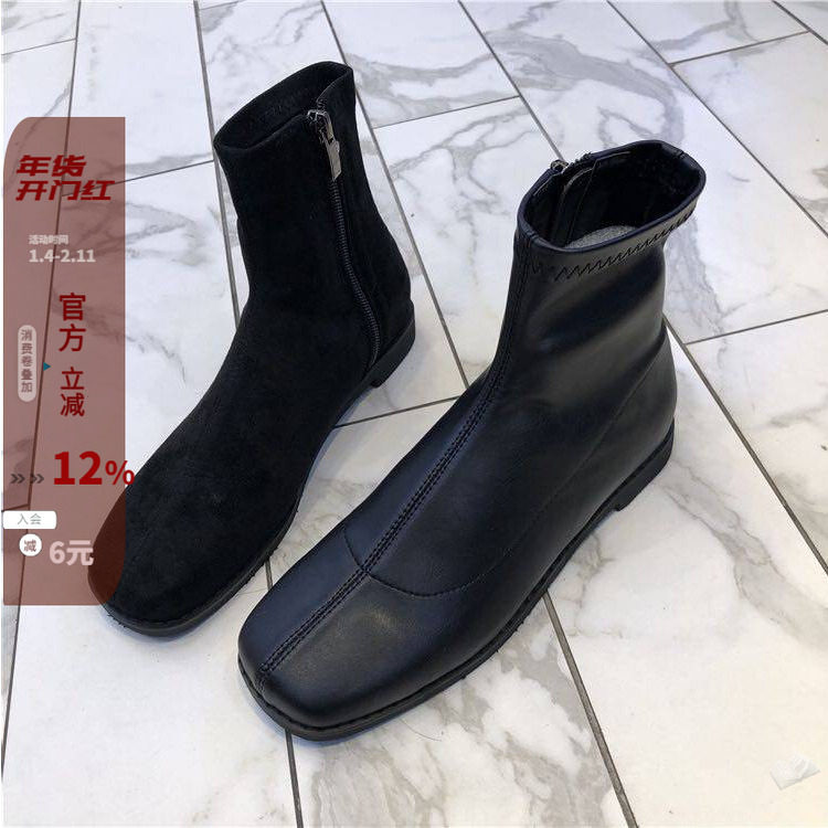 现韩国东大门女鞋24秋韩版时尚休闲绒面中缝线方头侧拉链低跟短靴,女鞋,时装靴,淘宝优惠券,粉丝福利购,淘宝优惠卷