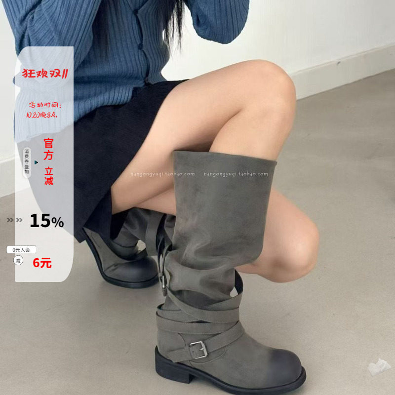 擦色作旧皮带扣堆穿高筒靴