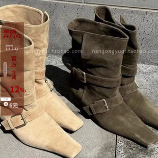 现 韩国东大门代购2024秋ins街拍法式方头鹿皮绒复古色慵懒风靴子