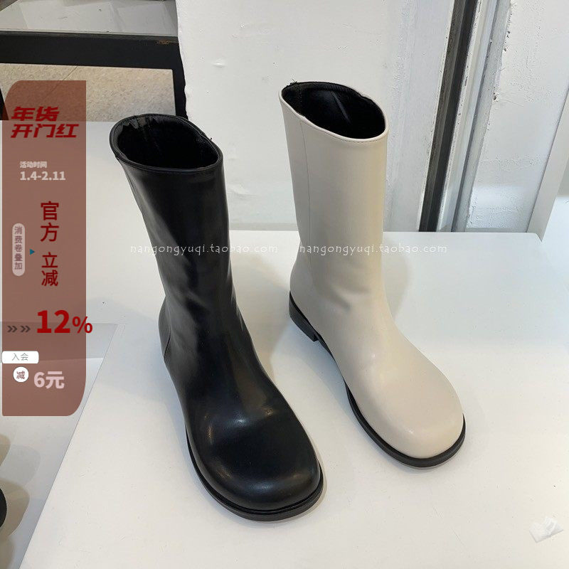 现韩国东大门女鞋22秋新款chic休闲圆头奶白减领低跟中筒靴骑士靴,女鞋,马丁靴,淘宝优惠券,粉丝福利购,淘宝优惠卷