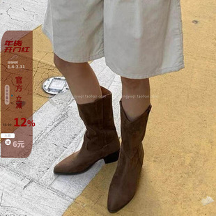 现 韩国东大门女鞋2024秋新款ins西部靴复古磨砂绒尖头粗跟中筒靴