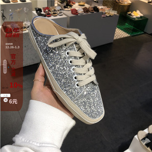 女 亮片街拍银色方头系带平底半拖单鞋 现2020夏新韩国女鞋 欧美时尚