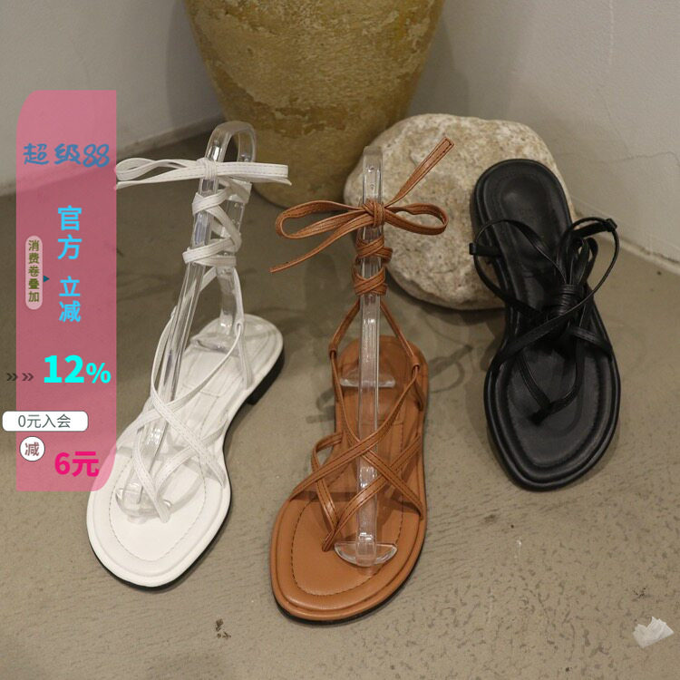 细带绑带罗马平底凉鞋