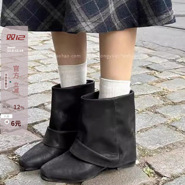 慵懒风方头褶皱裤靴宽松短靴