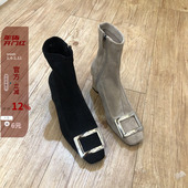 现韩国女鞋 22秋欧美气质金属方扣绒面显瘦拼接侧拉链方跟弹力短靴