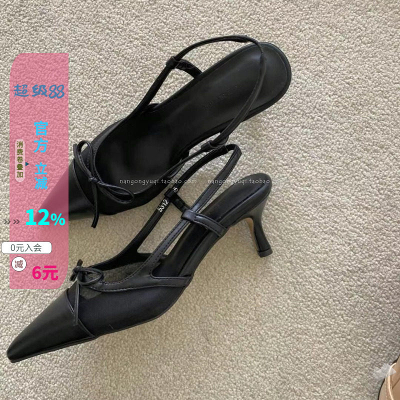 尖头蝴蝶结网纱后绊带猫跟凉