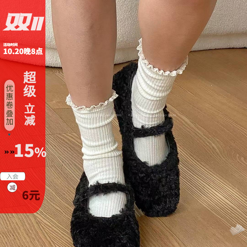 羔羊毛圈保暖一字带玛丽珍棉鞋