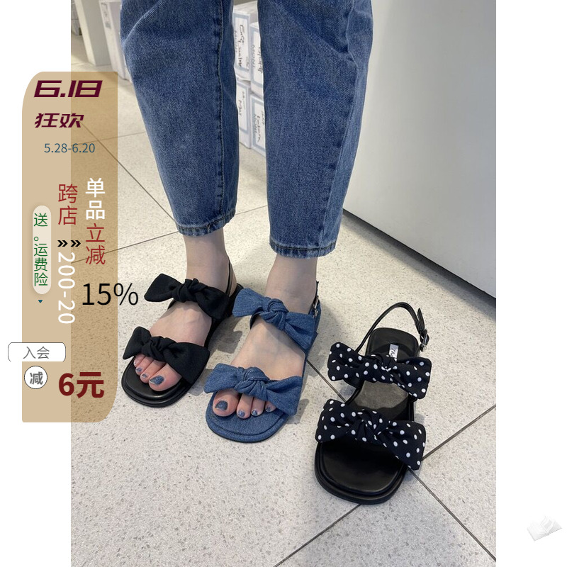 现韩国东大门代购23夏chic甜美公主蝴蝶结牛仔布波点平底露趾凉鞋