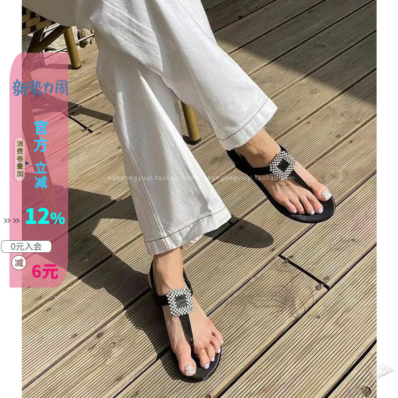 简约绸缎蝴蝶结烫钻夹趾平底凉鞋