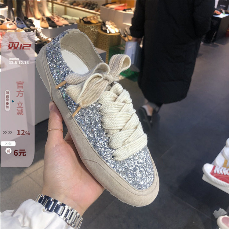 东大门学院亮片布拼接休闲鞋现货