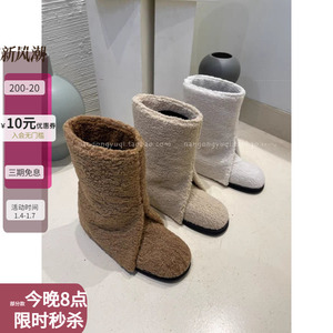 现货韩国东大门女鞋23冬季新款超保暖羔羊毛毛加绒裤边雪地靴中筒