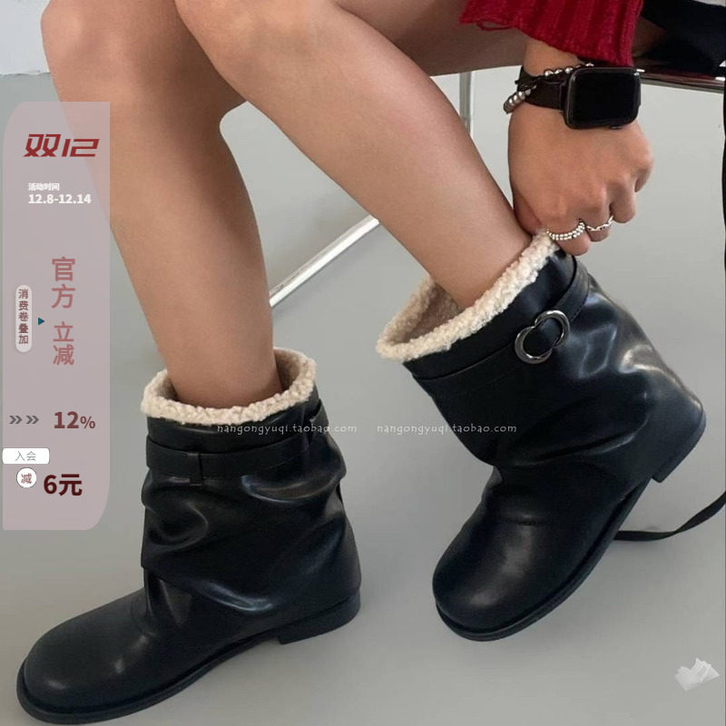 羔羊毛保暖低跟裤靴宽口棉靴