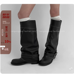 靴大筒围 慵懒街拍擦色作旧褶皱皮带扣裤 韩国东大门女鞋 2025秋法式