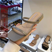 现货21年夏季 新款 百搭法式 清仓特价 方头凉拖女一字扣细带低跟拖鞋