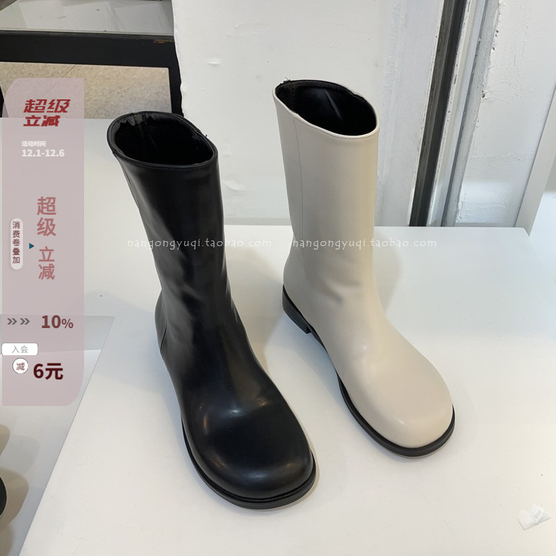 圆头奶白减领低跟中筒靴骑士靴