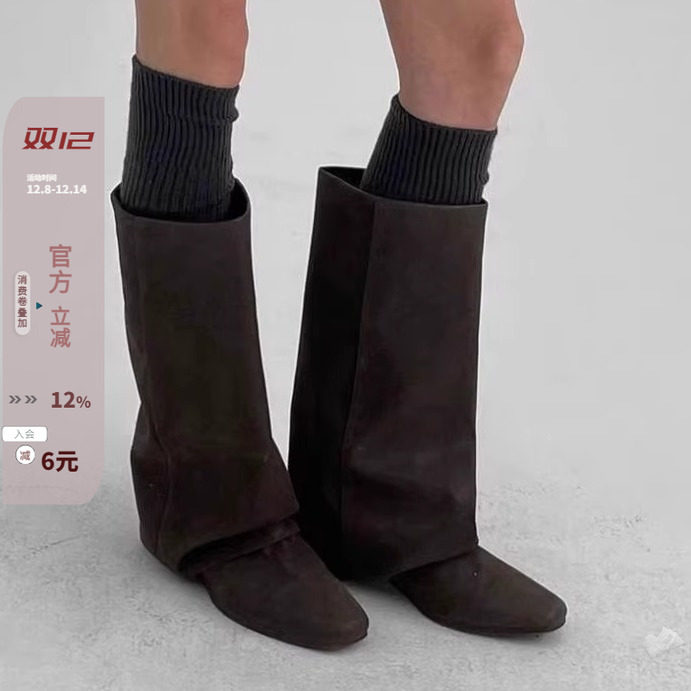 褶皱堆堆擦色水洗皮裤靴可调节