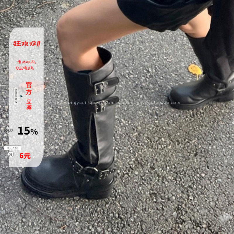 休闲皮带扣宽筒靴高筒靴黑靴女