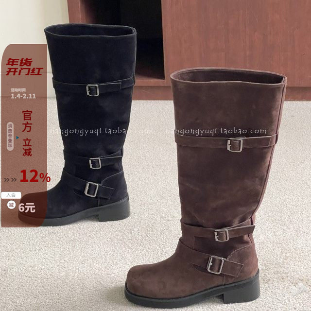 韩国东大门女鞋25秋新款法式复古棕咖磨砂绒皮带扣慵懒宽松高筒靴,女鞋,骑士靴,淘宝优惠券,粉丝福利购,淘宝优惠卷